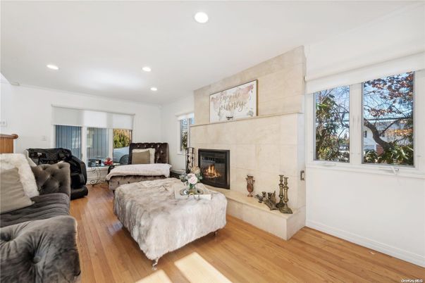Bedroom, Fireplace, Interior, Living room, Recessed Lighting, Wood Texture Flooring