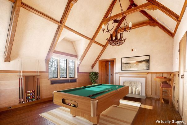 Billiard Table, Chandelier, Game Room, Interior, Wooden Beams, Wood Texture Flooring