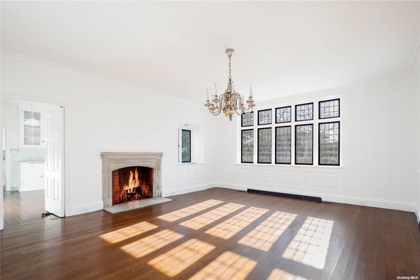 Chandelier, Empty room, Fireplace, Interior, Wood Texture Flooring