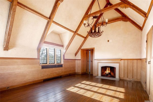 Chandelier, Empty room, Fireplace, Interior, Wooden Beams, Wood Texture Flooring