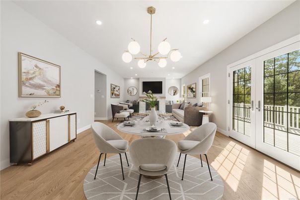 Dining room, Interior, Living room, Pendant Lights, Recessed Lighting, Wood Texture Flooring