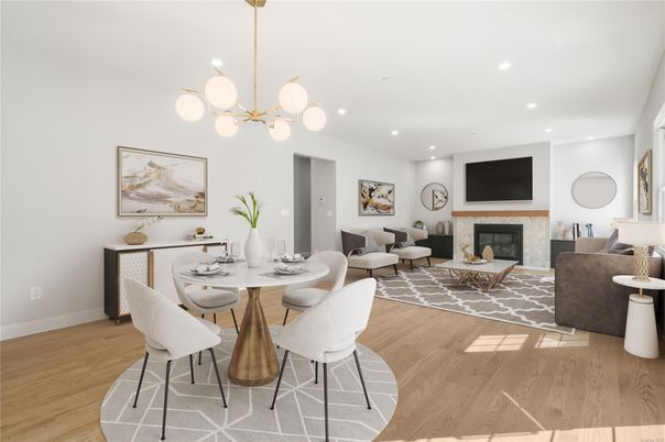 Dining room, Fireplace, Interior, Living room, Pendant Lights, Recessed Lighting, Wood Texture Flooring
