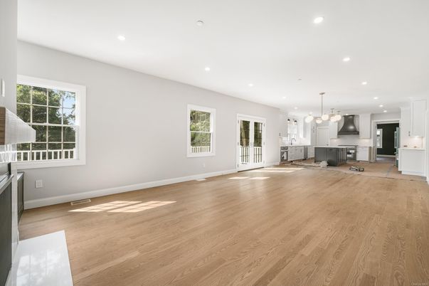 Empty room, Interior, Kitchen, Pendant Lights, Recessed Lighting, Wood Texture Flooring