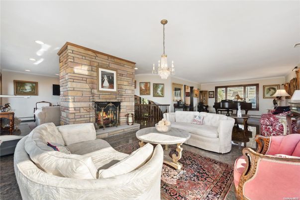 Fireplace, Interior, Living room, Pendant Lights, Piano, Recessed Lighting, Stone Walls