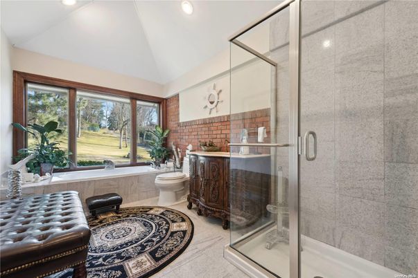 Bathroom, Glass Shower, Interior, Recessed Lighting, Stone Walls