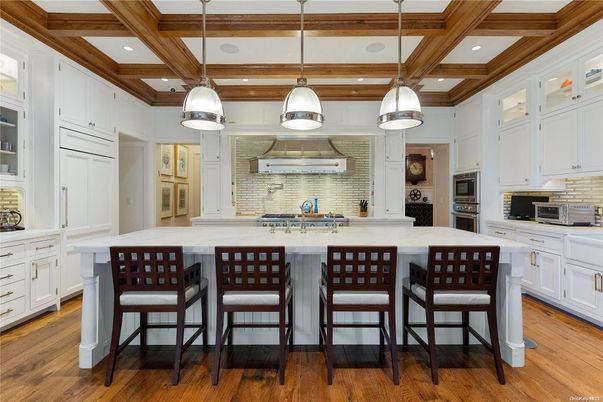 Interior, Kitchen, Pendant Lights, Recessed Lighting, Stainless Steel Appliances, Wooden Beams, Wood Texture Flooring