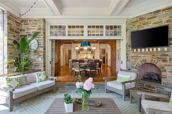 Dining room, Fireplace, Interior, Kitchen, Living room, Pendant Lights, Stone Walls, Wood Texture Flooring