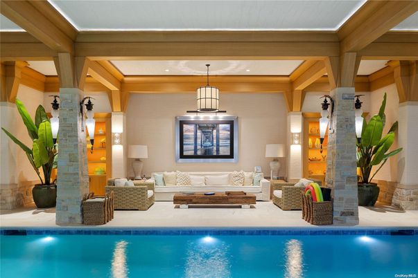 Interior, Living room, Pendant Lights, Pool, Stone Walls