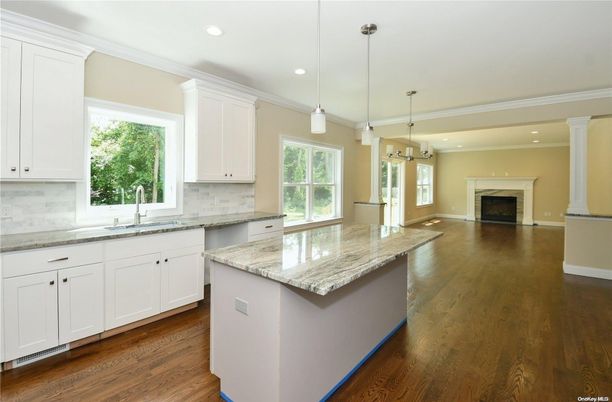 Fireplace, Interior, Kitchen, Pendant Lights, Recessed Lighting, Wood Texture Flooring