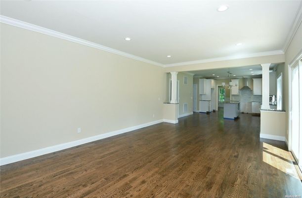 Empty room, Interior, Kitchen, Pendant Lights, Recessed Lighting, Wood Texture Flooring