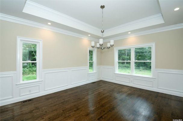 Chandelier, Empty room, Interior, Recessed Lighting, Wood Texture Flooring