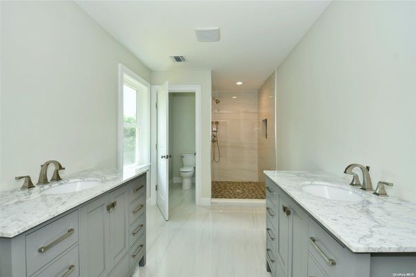Bathroom, Dual Sink Vanities, Glass Shower, Interior, Marble, Recessed Lighting