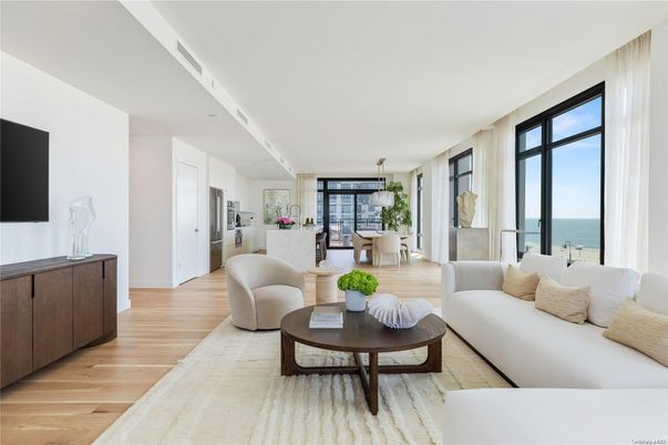 Dining room, Interior, Kitchen, Living room, Pendant Lights, Stainless Steel Appliances, Water, Wood Texture Flooring