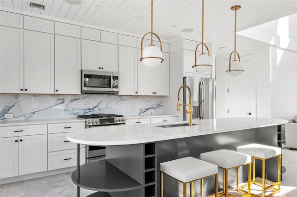 Interior, Kitchen, Marble Walls, Pendant Lights, Stainless Steel Appliances