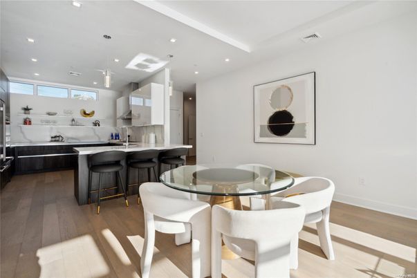 Dining room, Interior, Kitchen, Pendant Lights, Recessed Lighting, Wood Texture Flooring