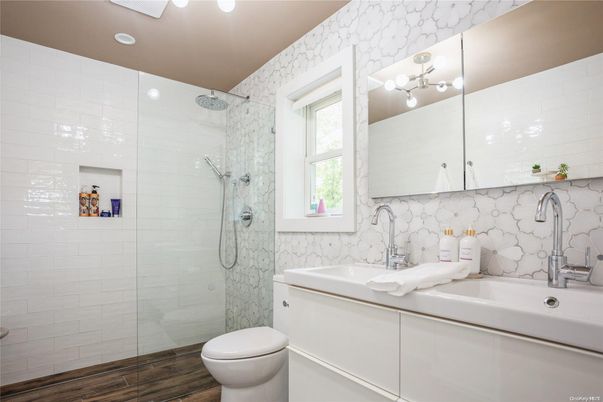 Bathroom, Glass Shower, Interior, Recessed Lighting, Wood Texture Flooring