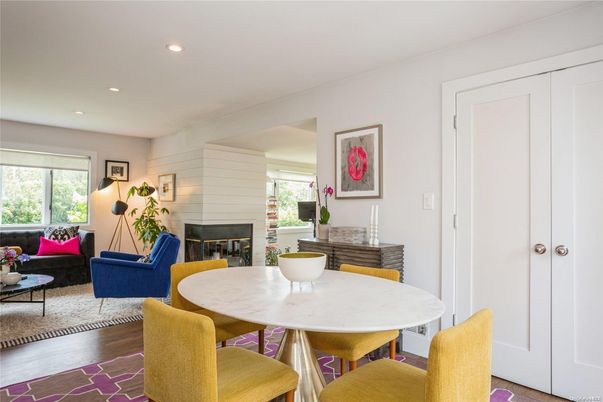 Dining room, Fireplace, Interior, Living room, Recessed Lighting, Wood Texture Flooring