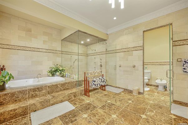 Bathroom, Glass Shower, Interior, Recessed Lighting, Stone Walls