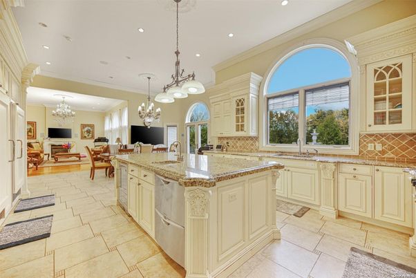 Chandelier, Dining room, Fireplace, Interior, Kitchen, Living room, Recessed Lighting, Wood Texture Flooring