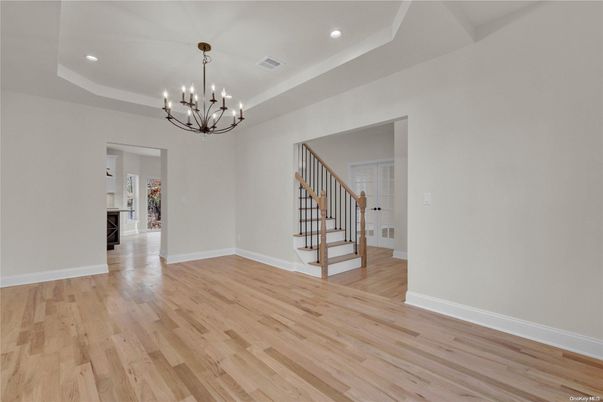 Chandelier, Empty room, Interior, Recessed Lighting, Wood Texture Flooring