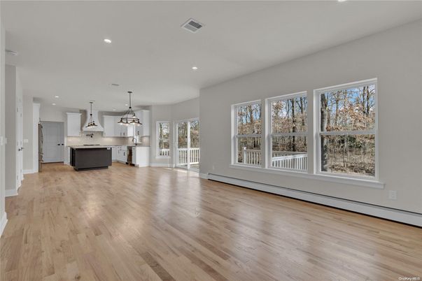 Empty room, Interior, Kitchen, Pendant Lights, Recessed Lighting, Wood Texture Flooring