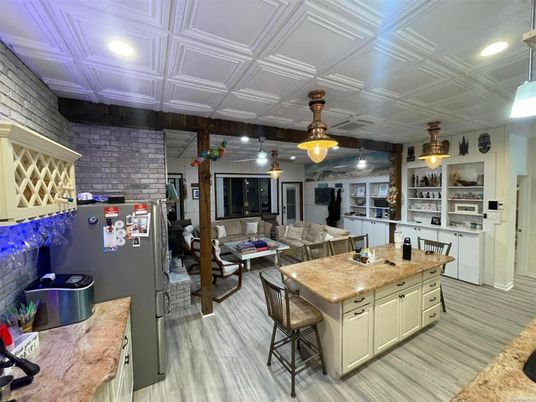 Interior, Kitchen, Living room, Pendant Lights, Recessed Lighting, Stone Walls, Wood Texture Flooring