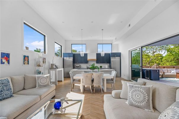 Dining room, Interior, Kitchen, Living room, Pendant Lights, Stainless Steel Appliances, Wood Texture Flooring