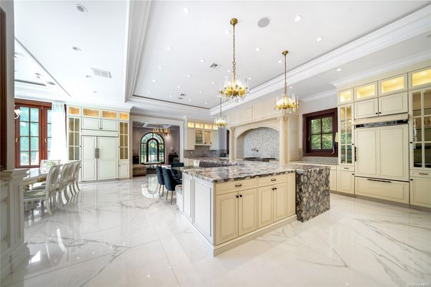 Chandelier, Interior, Kitchen, Marble, Recessed Lighting, Stainless Steel Appliances