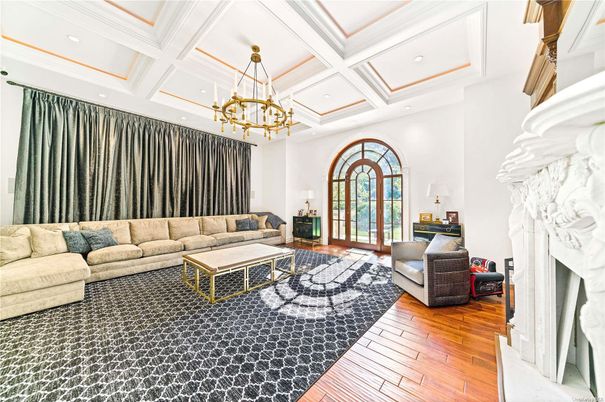 Chandelier, Fireplace, Interior, Living room, Recessed Lighting, Wood Texture Flooring