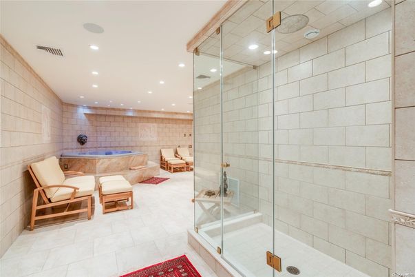 Bathroom, Glass Shower, Interior, Recessed Lighting, Stone Walls