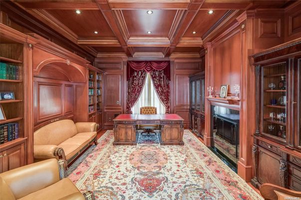 Fireplace, Home Office, Interior, Recessed Lighting, Wooden Beams, Wooden Ceilings, Wooden Walls