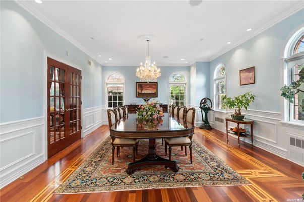 Chandelier, Dining room, Interior, Recessed Lighting, Wood Texture Flooring