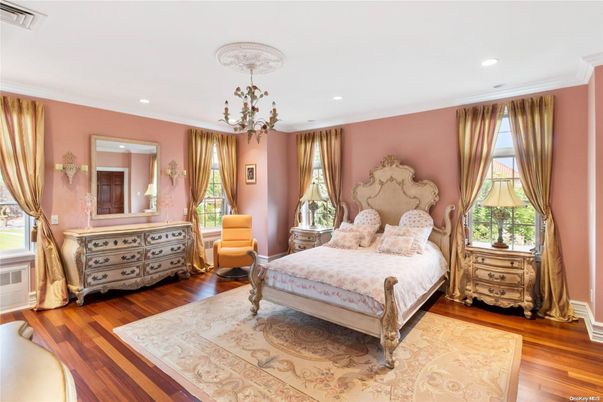 Bedroom, Chandelier, Interior, Recessed Lighting, Wood Texture Flooring