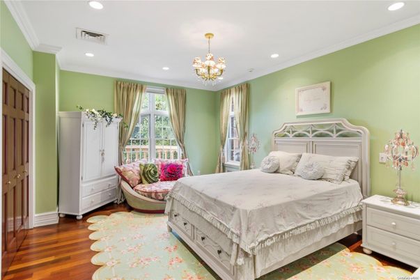Bedroom, Chandelier, Interior, Recessed Lighting, Wood Texture Flooring