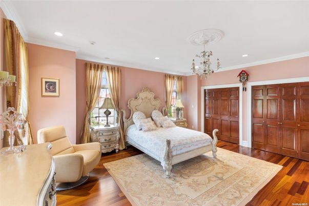 Bedroom, Chandelier, Interior, Recessed Lighting, Wood Texture Flooring