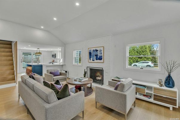 Dining room, Fireplace, Interior, Living room, Pendant Lights, Recessed Lighting, Stone Walls, Wood Texture Flooring