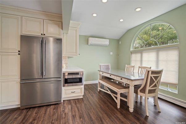 Dining room, Interior, Kitchen, Recessed Lighting, Stainless Steel Appliances, Wood Texture Flooring