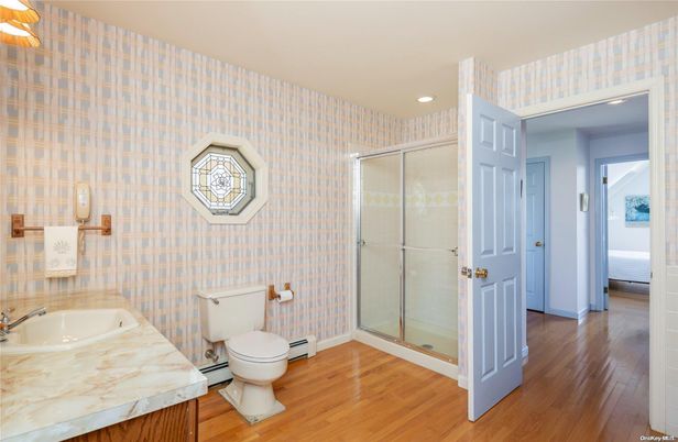 Bathroom, Glass Shower, Interior, Recessed Lighting, Wood Texture Flooring