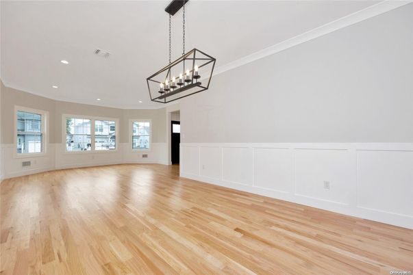 Chandelier, Empty room, Interior, Pendant Lights, Recessed Lighting, Wood Texture Flooring