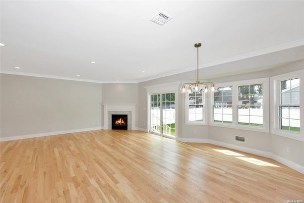Empty room, Fireplace, Interior, Pendant Lights, Recessed Lighting, Wood Texture Flooring