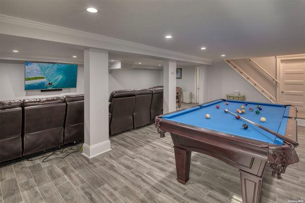 Billiard Table, Game Room, Interior, Recessed Lighting, Wood Texture Flooring