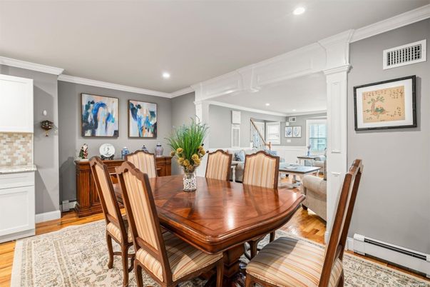 Dining room, Interior, Recessed Lighting, Wood Texture Flooring