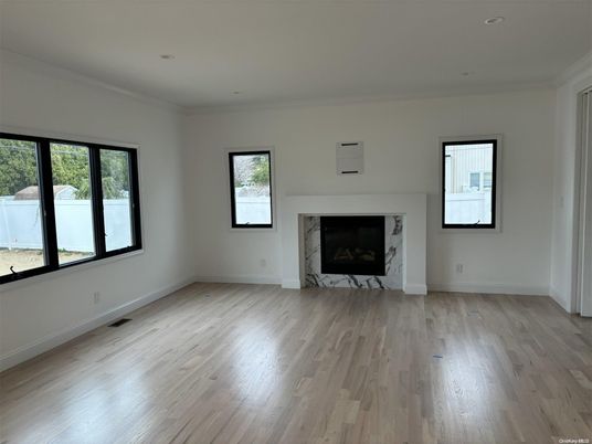 Empty room, Fireplace, Interior, Recessed Lighting, Wood Texture Flooring