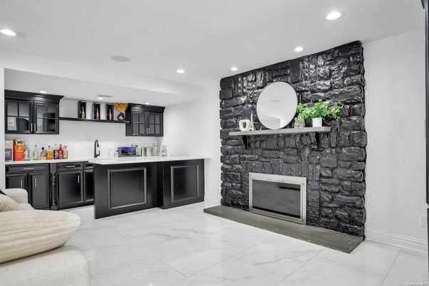 Fireplace, Interior, Marble, Recessed Lighting, Stone Walls