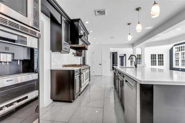 Interior, Kitchen, Marble, Pendant Lights, Recessed Lighting, Stainless Steel Appliances