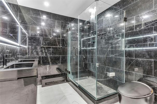 Bathroom, Glass Shower, Interior, Marble, Recessed Lighting