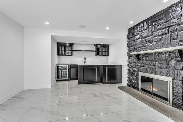 Fireplace, Interior, Kitchen, Marble, Recessed Lighting, Stone Walls