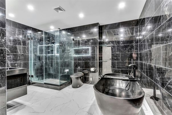 Bathroom, Glass Shower, Interior, Marble, Recessed Lighting