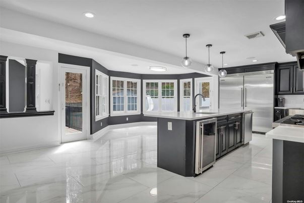 Interior, Kitchen, Marble, Pendant Lights, Recessed Lighting, Stainless Steel Appliances