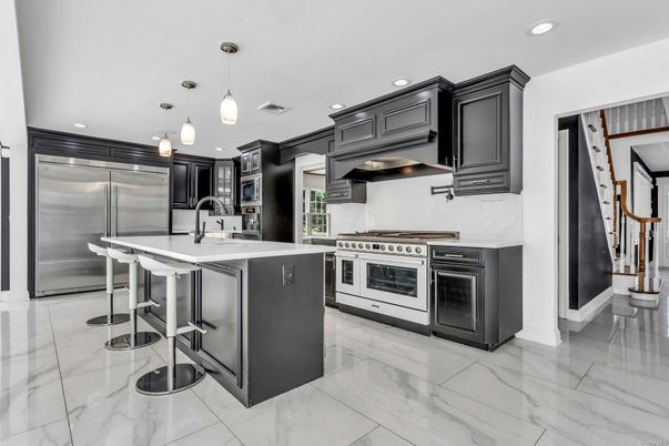 Interior, Kitchen, Marble, Pendant Lights, Recessed Lighting, Stainless Steel Appliances